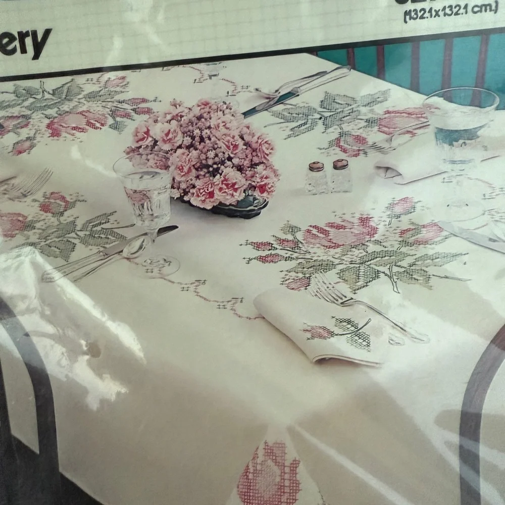 Bucilla Stitchery Pink Floral Table Linens Dining Set 52X52 New in Packaging
